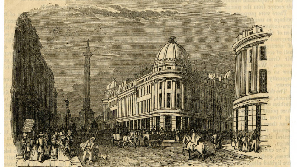 Collection highlight: Illustration of Grainger Street depicting Grey's Monument and surrounding buildings